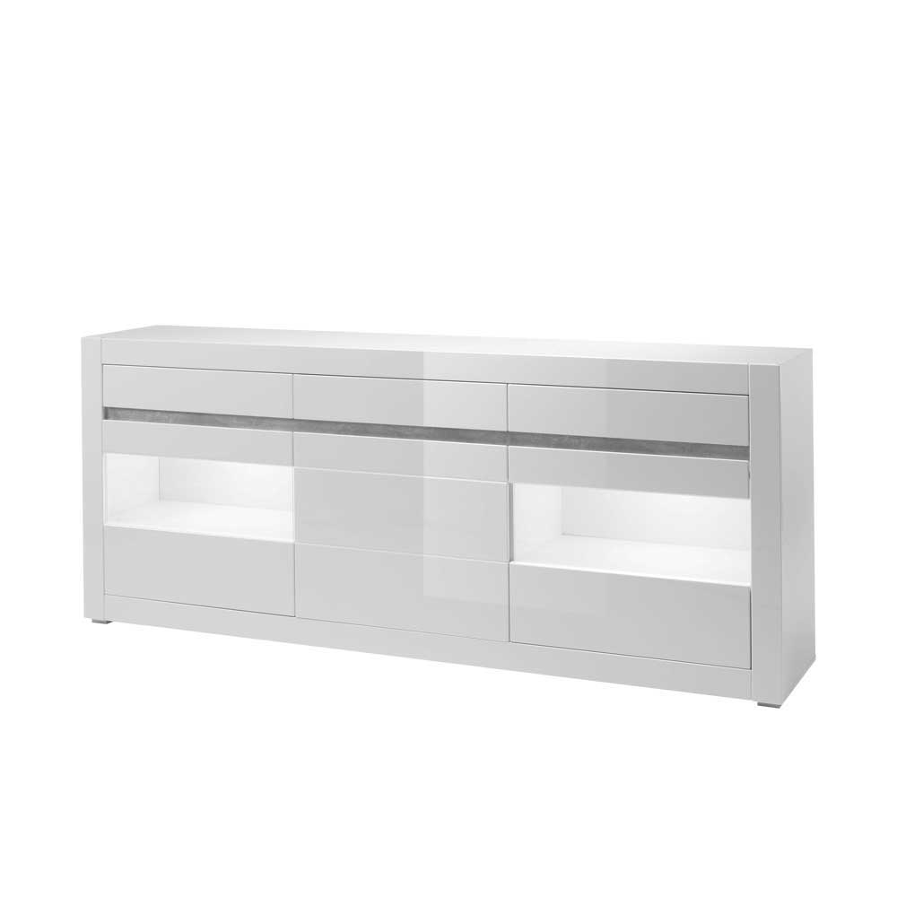 Hochglanz Sideboard in Weiß mit 2 Glaseinsätzen Mextra & Beton Dekor