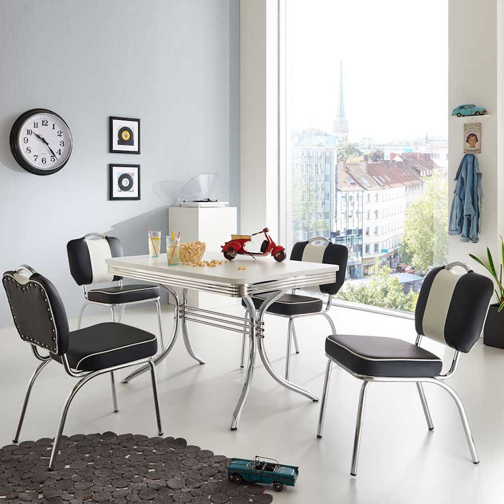 Kunstleder Retro Stühle & Tisch Barataria in Schwarz Weiß (fünfteilig)