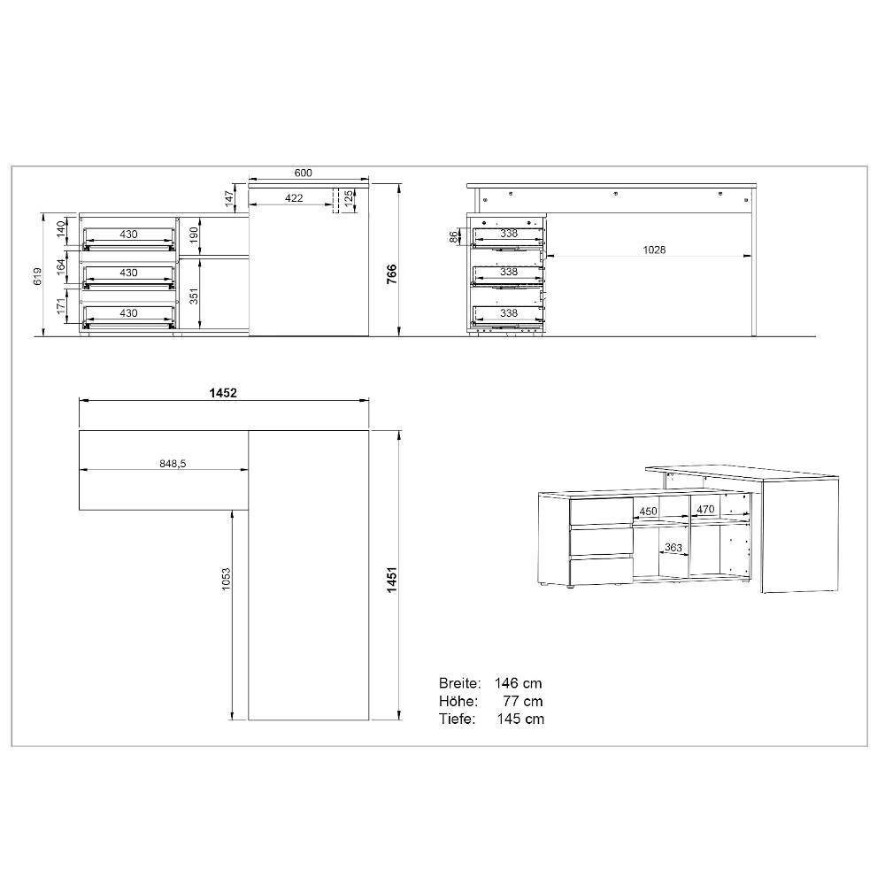 Winkel-Schreibtisch mit Seitenschrank - Andradan
