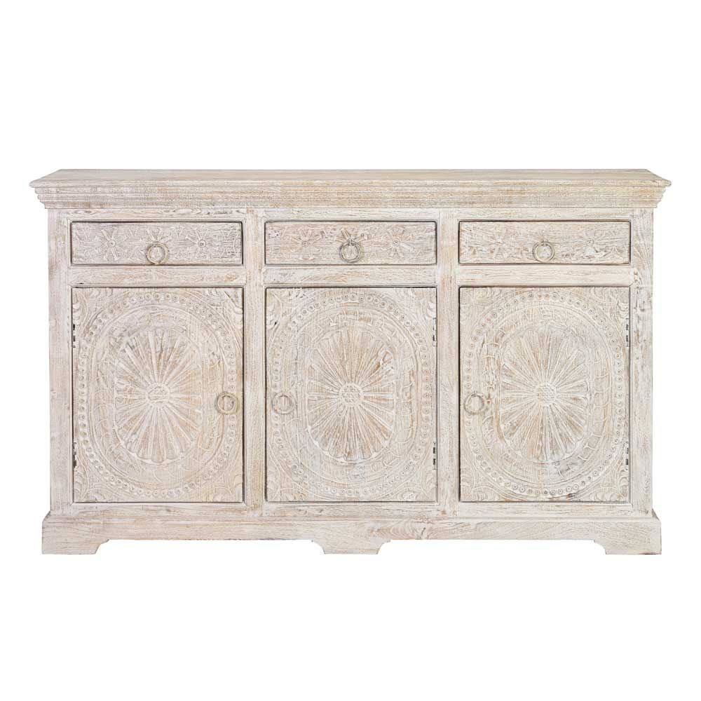 White Wash Sideboard mit Ornament Schnitzereien - Rusula