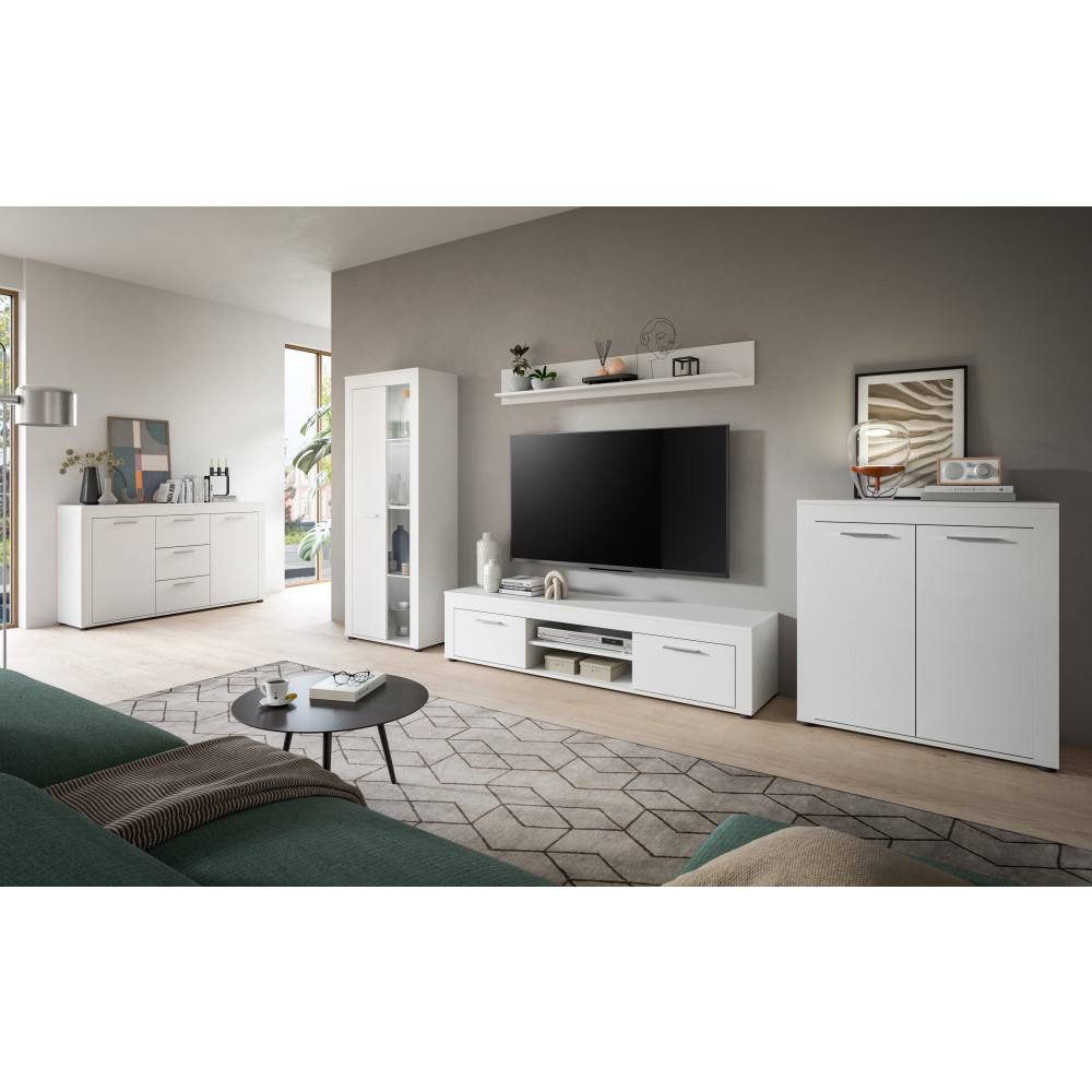 Modernes weißes Wohnzimmer-Set mit TV-Möbel, Hängeregal und Sideboard in Szene gesetzt – Furoro