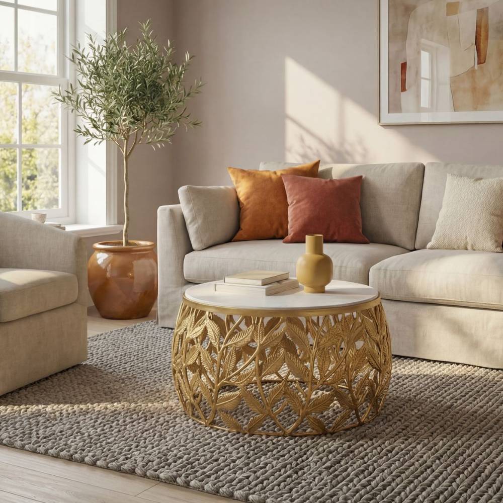 Eleganter runder Couchtisch aus Goldaluminium mit Marmorplatte im modernen Wohnzimmer – Diaria