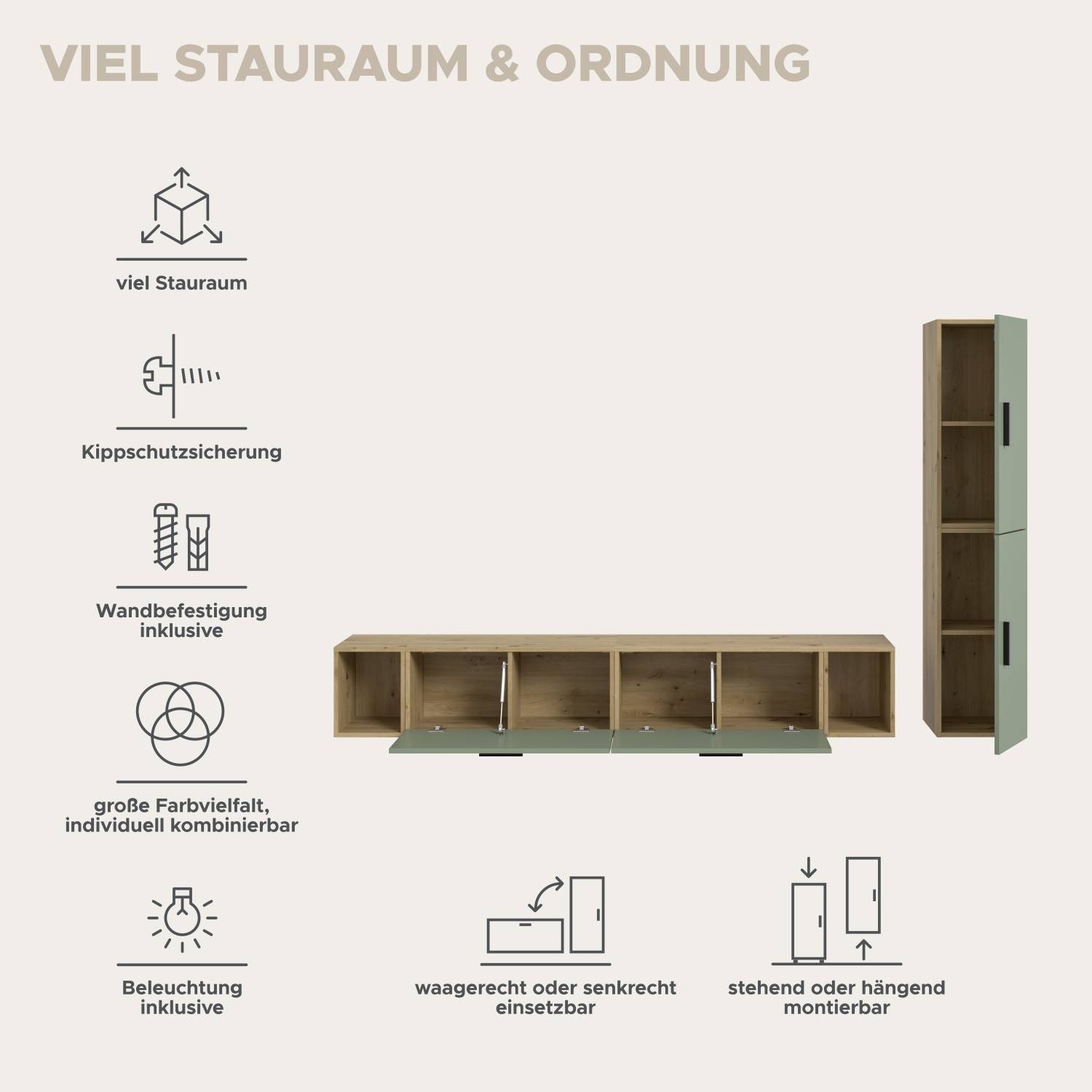 Medienwand mit viel Stauraum, Kippschutz, Wandbefestigung und flexibler Montage – Jonni