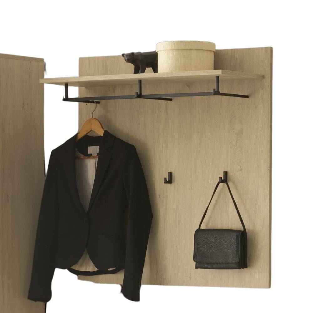 Praktisches Garderobenpaneel mit Ablage, Kleiderstange und Haken in Holzoptik – Jaskin