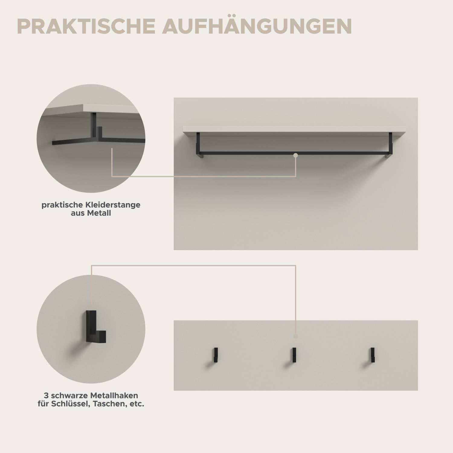 Praktische Kleiderstange und drei schwarze Metallhaken für Jacken und Taschen – Elvadia