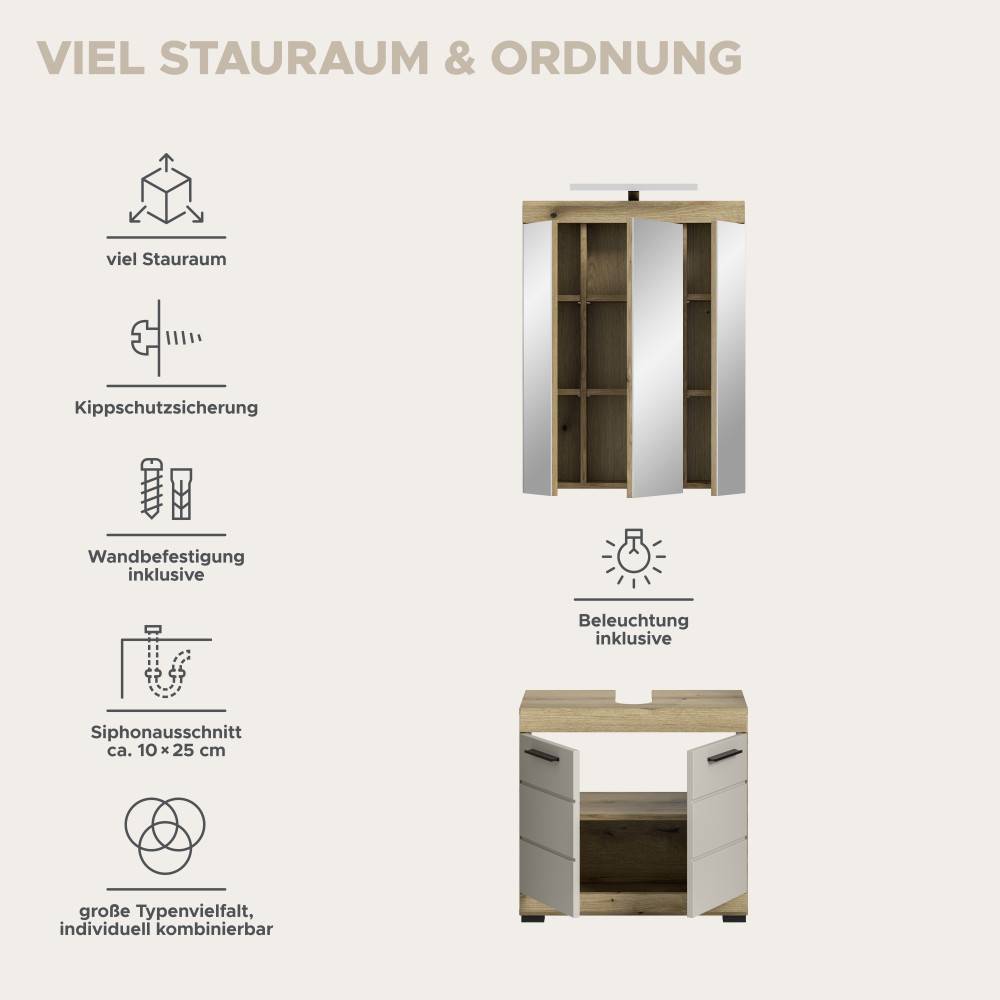 Funktionen des Spiegelschranks und Waschbeckenschranks mit Stauraum, Beleuchtung, Siphonausschnitt und Kippschutz – Casserra