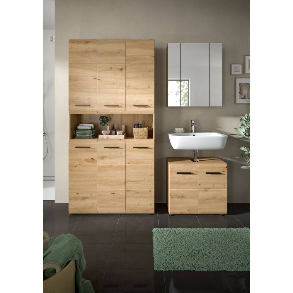 Komplettes dreiteiliges Badmöbel Set in heller Holzoptik mit Spiegel im Badezimmer – Canopus