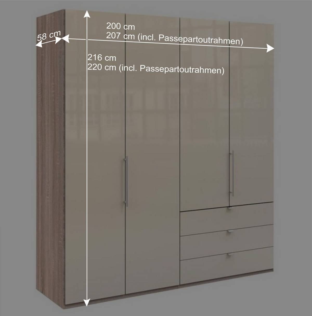 Kleiderschrank 200cm breit in Creme Glas - Rativian