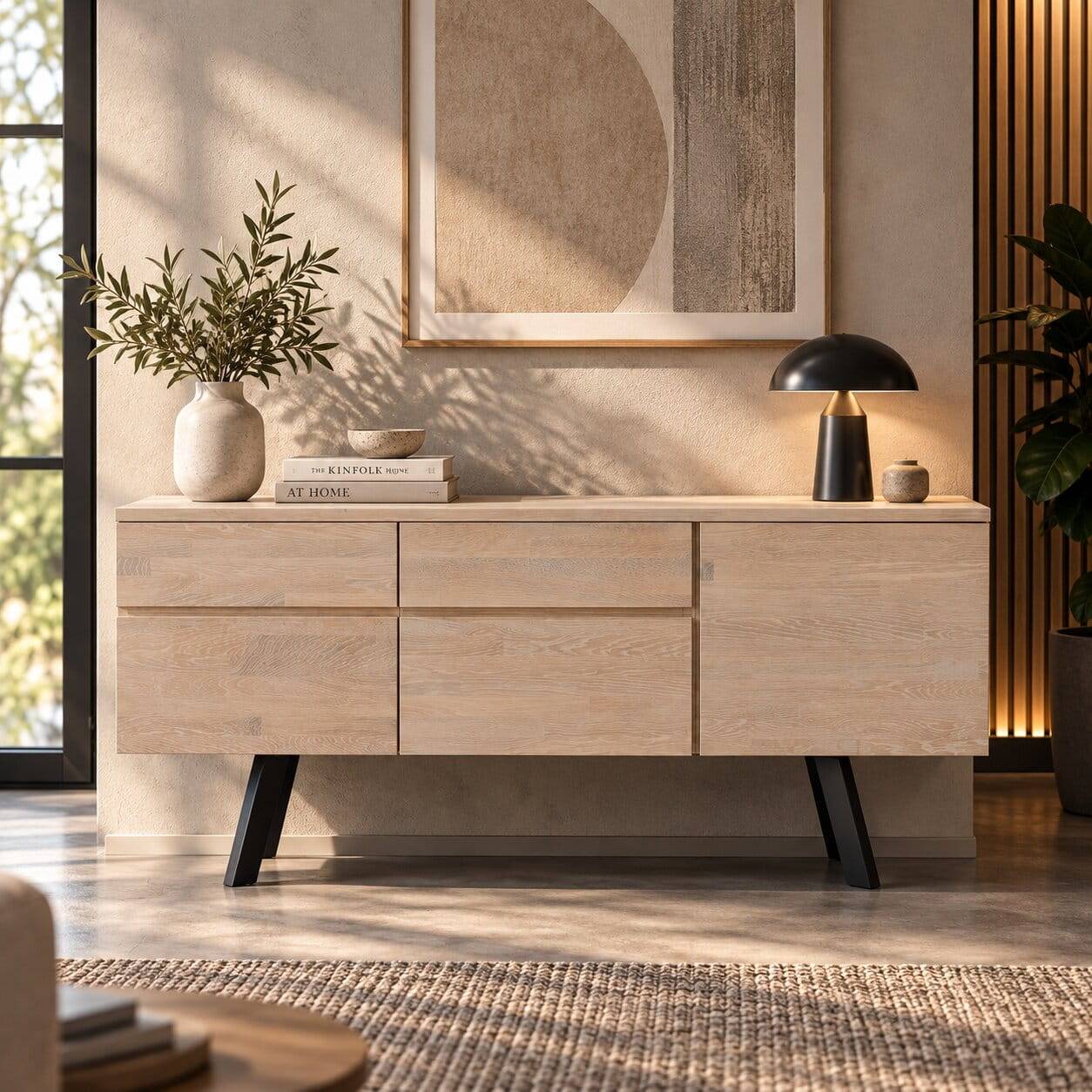 White Wash Sideboard aus Eiche massiv Pulva mit Stahl Schwarz