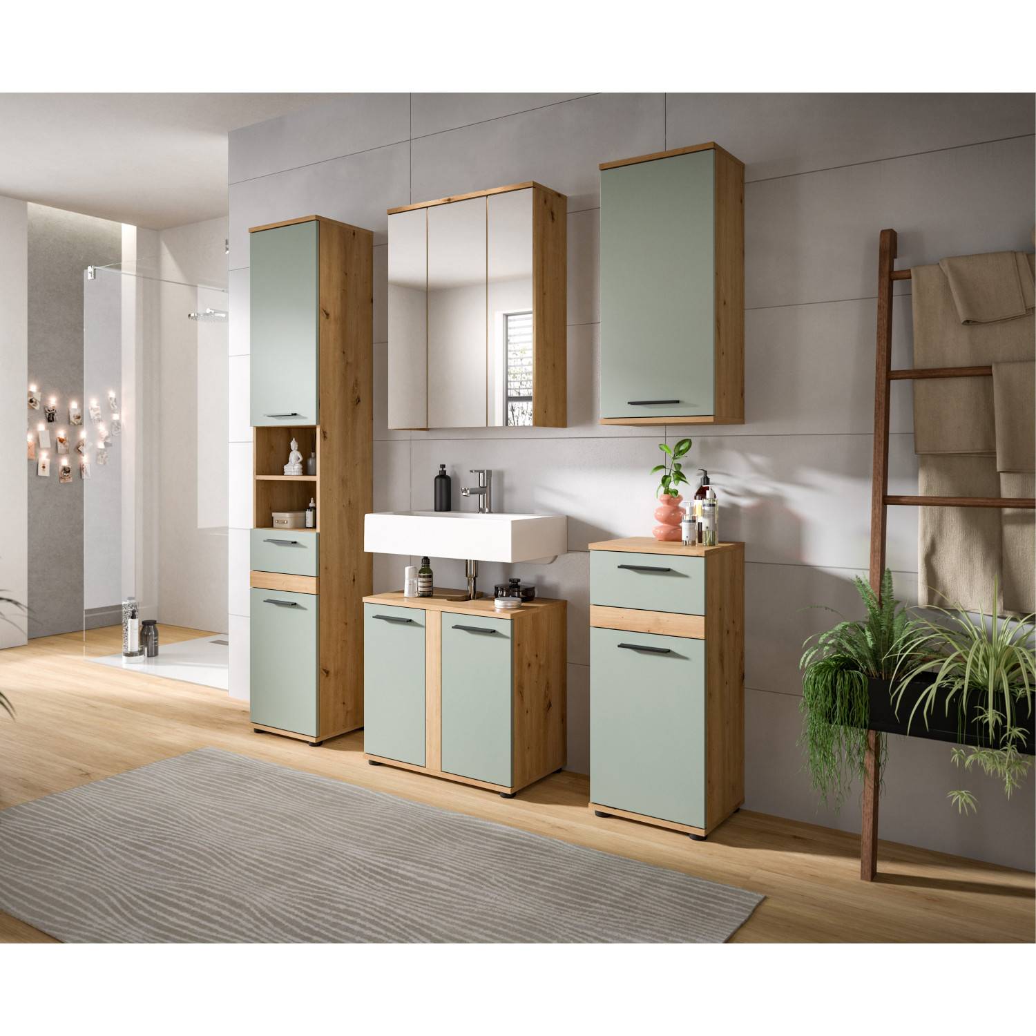 Wandhängender Badschrank mit Spiegelfronten in Holzoptik und Mintgrün im modernen Badezimmer – Luzanos