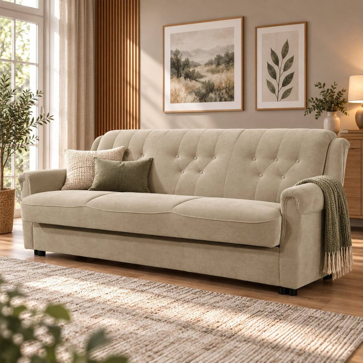 Federkern Schlafsofa aus Flockstoff in Beige - Mabu