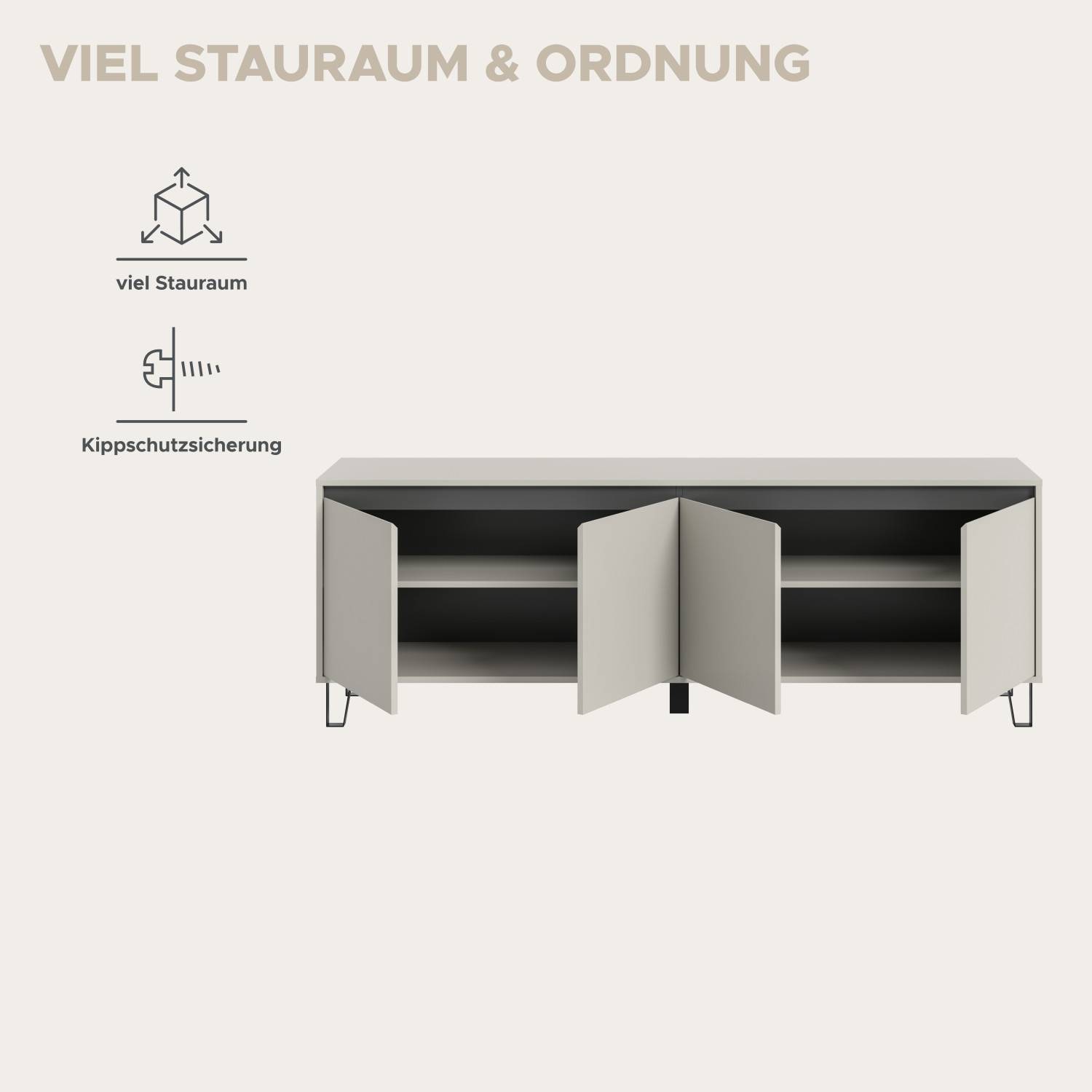 TV Board mit viel Stauraum, offenen Fächern und integrierter Kippschutzsicherung – Binocra
