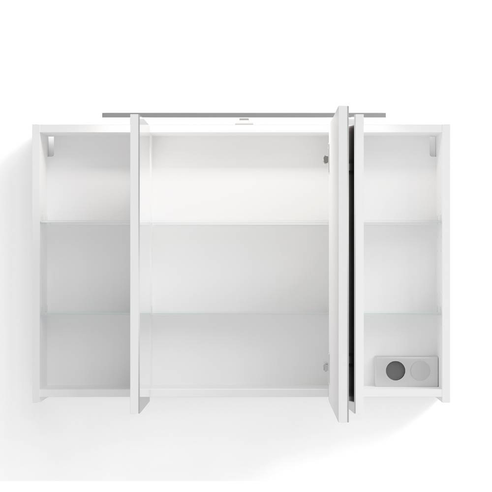 Offener Badspiegelschrank 90 cm mit Glasböden und integrierter Steckdose – Just