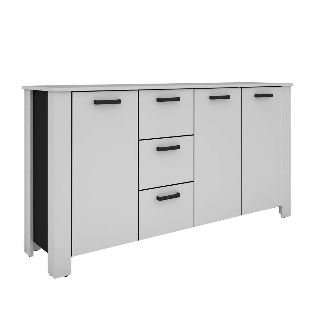 Stilvolles Sideboard in Weiß mit schwarzem Korpus und praktischen Schubfächern, von rechts vorne – Planet