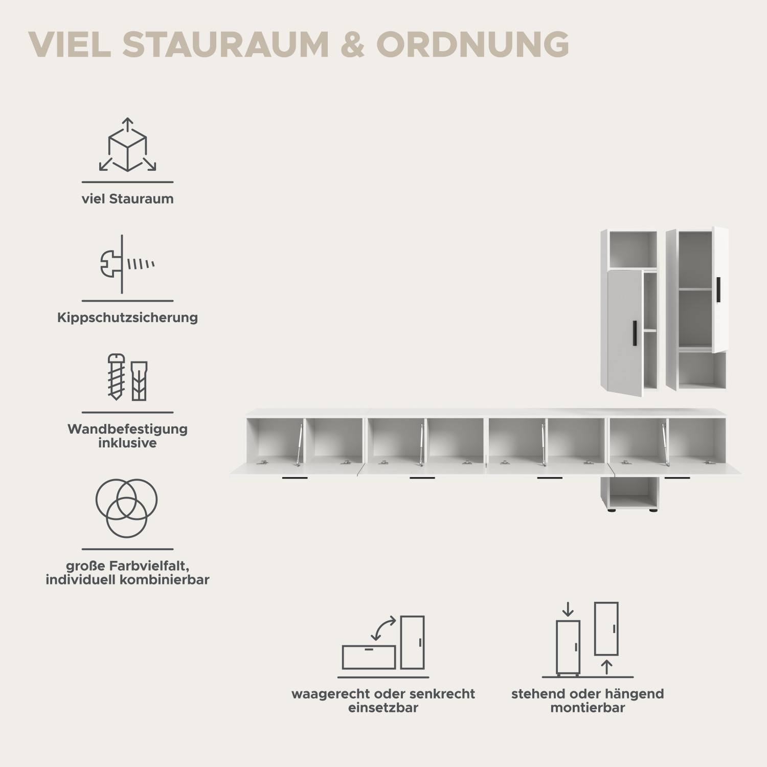 Weiße Wohnwand mit viel Stauraum, Kippschutz und flexiblen Montageoptionen – Actionsa