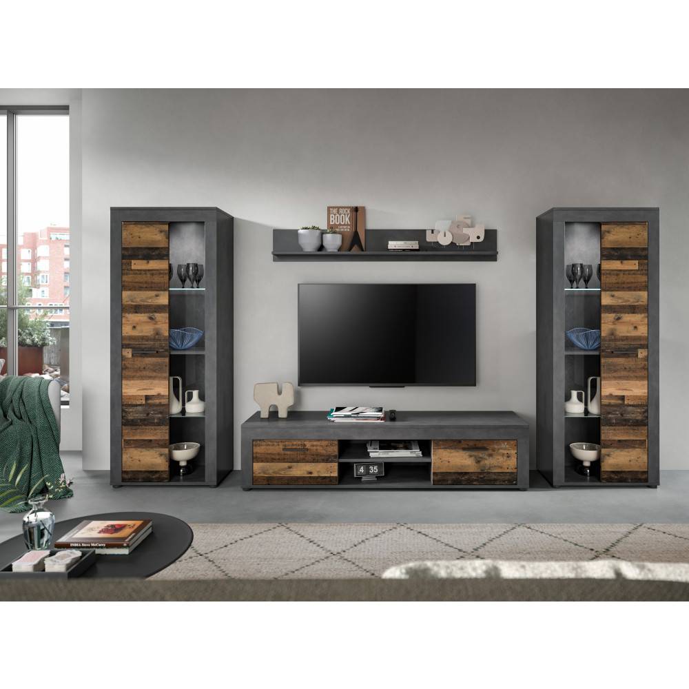 Dunkelgraue Anbauwand mit Vitrinen und TV-Unterschrank im Industrial-Stil für das Wohnzimmer – Istrewy