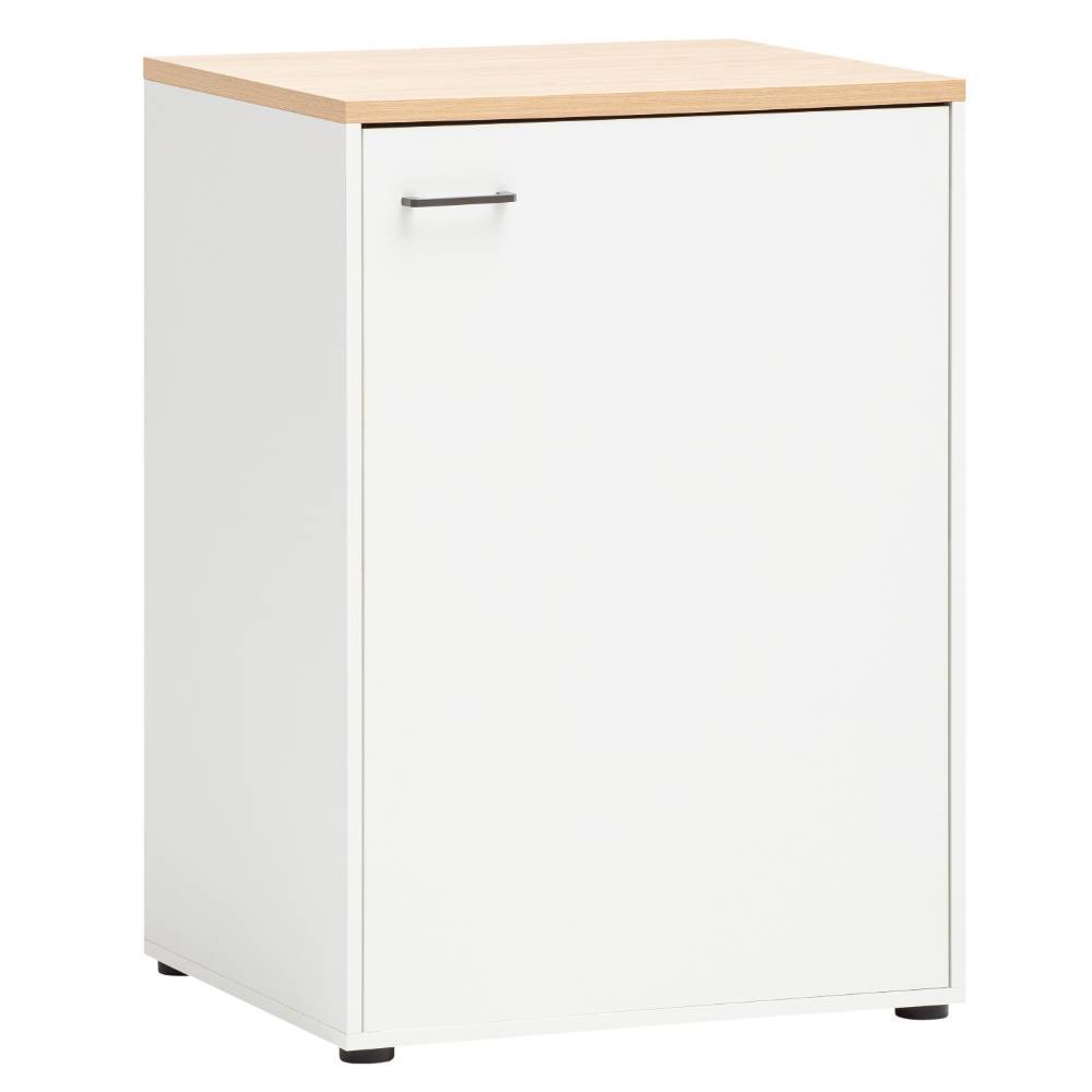 Geschlossener Mehrzweckschrank in Mattweiß mit heller Holzplatte und minimalistischem Griff – Piava