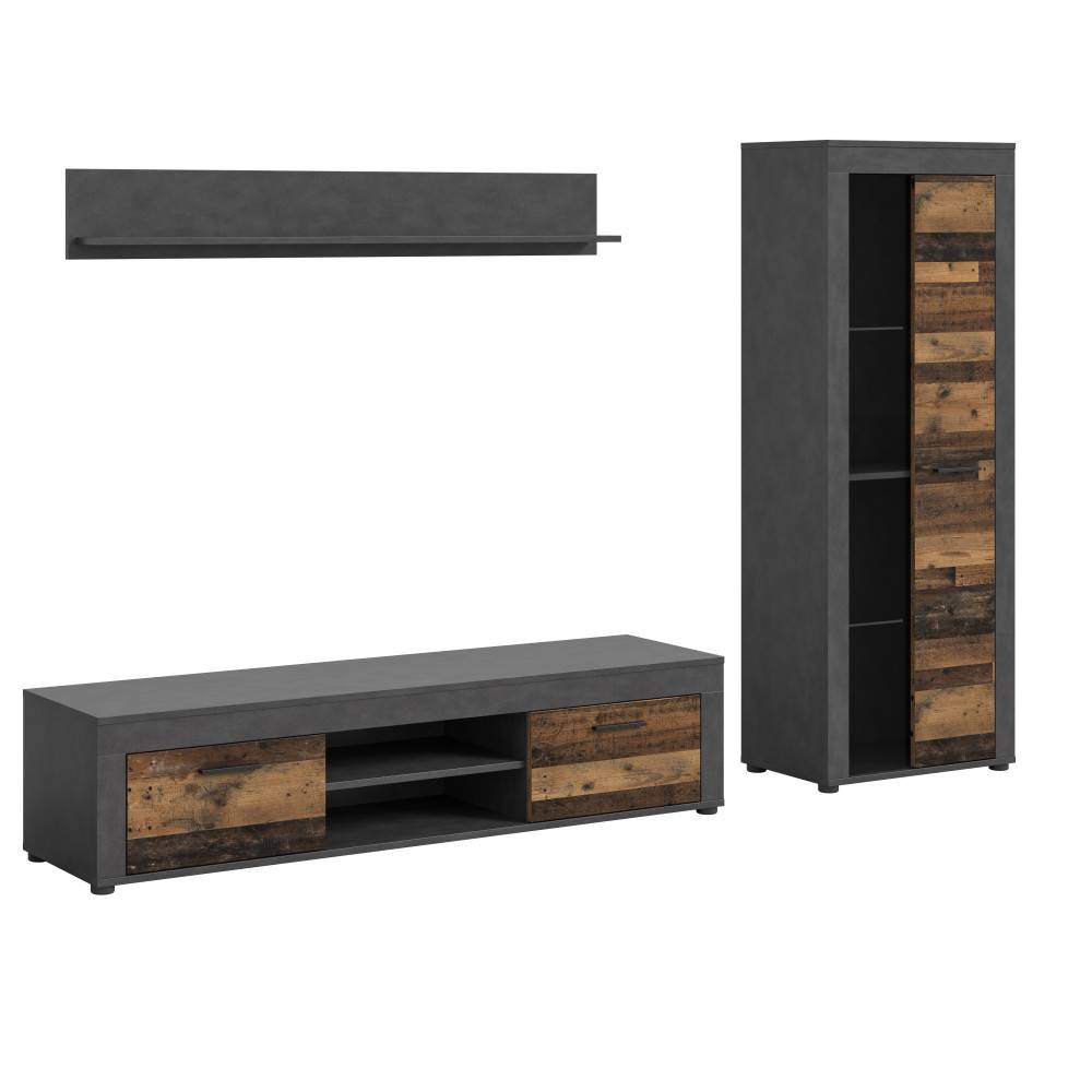 Wohnzimmer Schrankwand mit TV-Möbel, Wandregal und hohem Schrank in Industrial-Optik – Istrewy