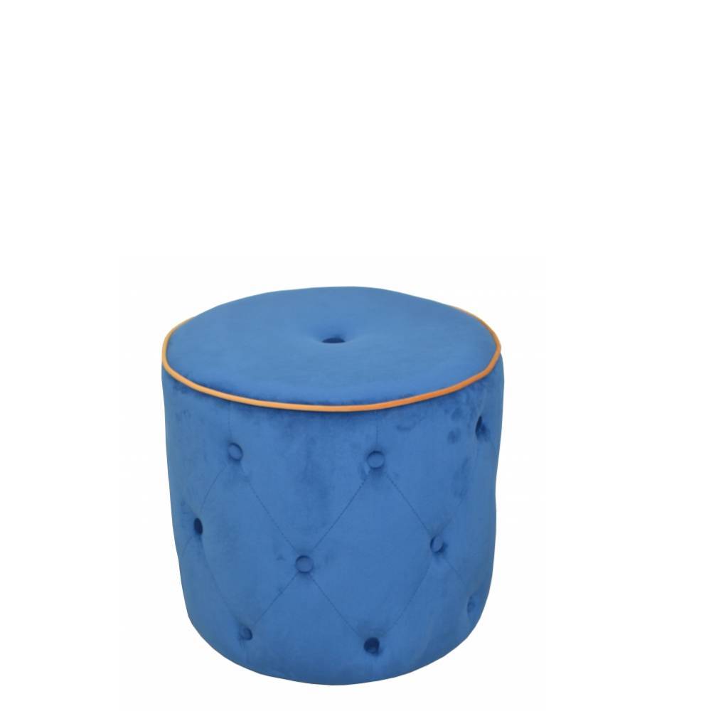 Samthocker Pouf in Blau mit Knopfheftungen - Minervio