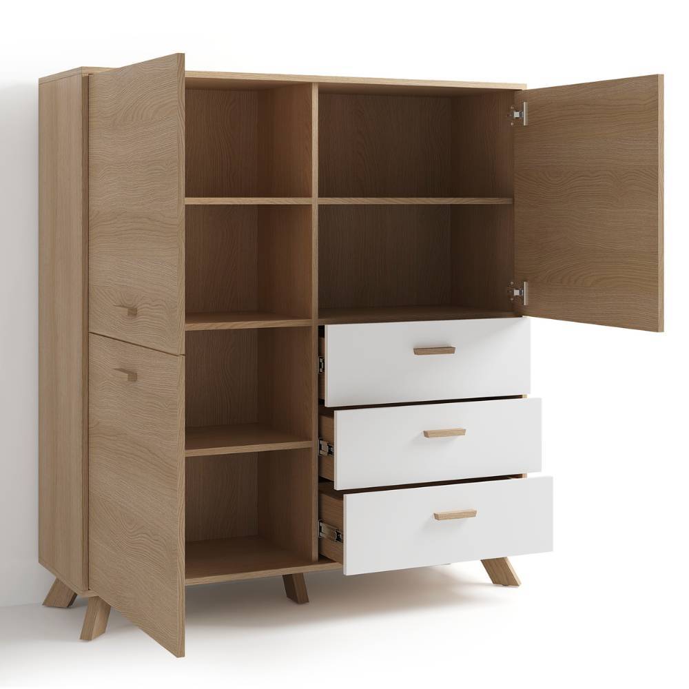 Offenes Kombi-Highboard in Eiche Optik mit viel Stauraum, Fächern und drei weißen Schubladen – Demphis