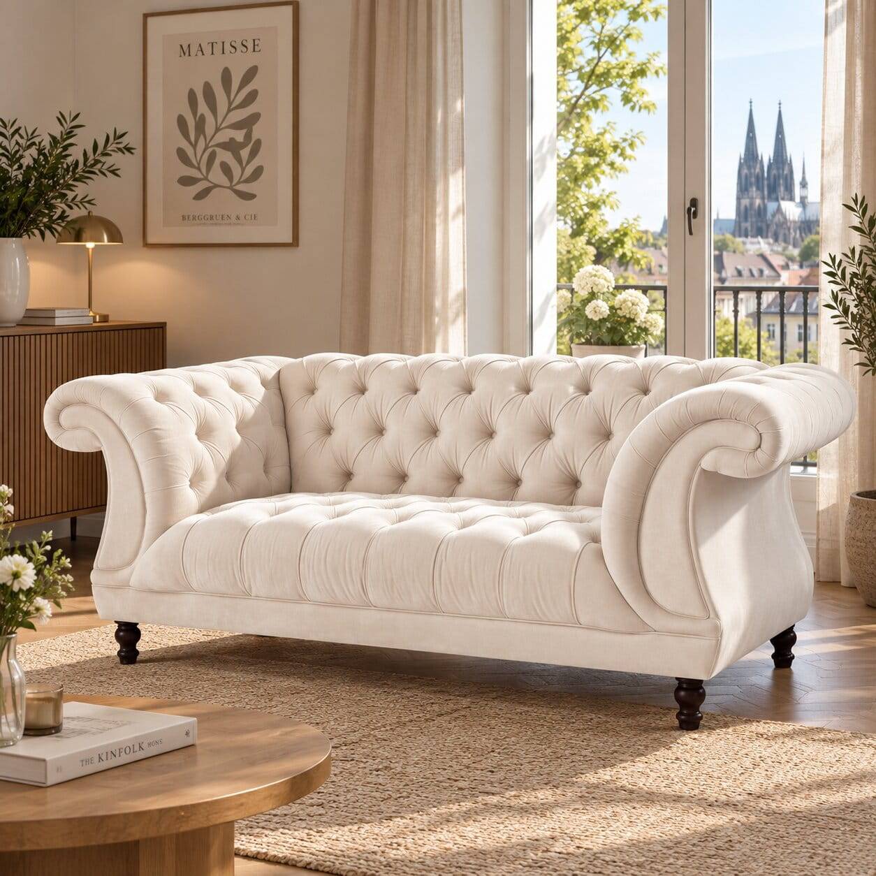Samtvelours Wohnzimmer Zweisitzer in Creme - Leskan