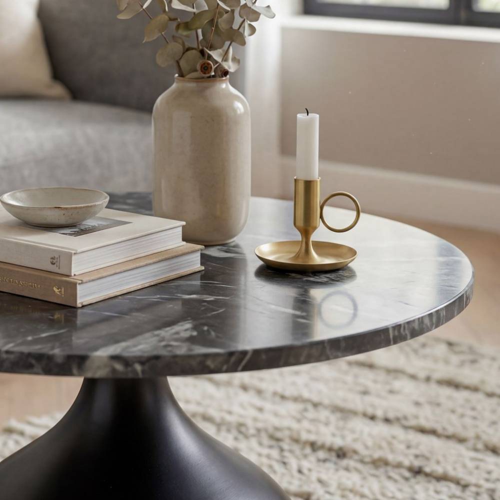 Runder Couchtisch mit schwarzer Marmorplatte und konischem Fuß im modernen Design – Vuressa