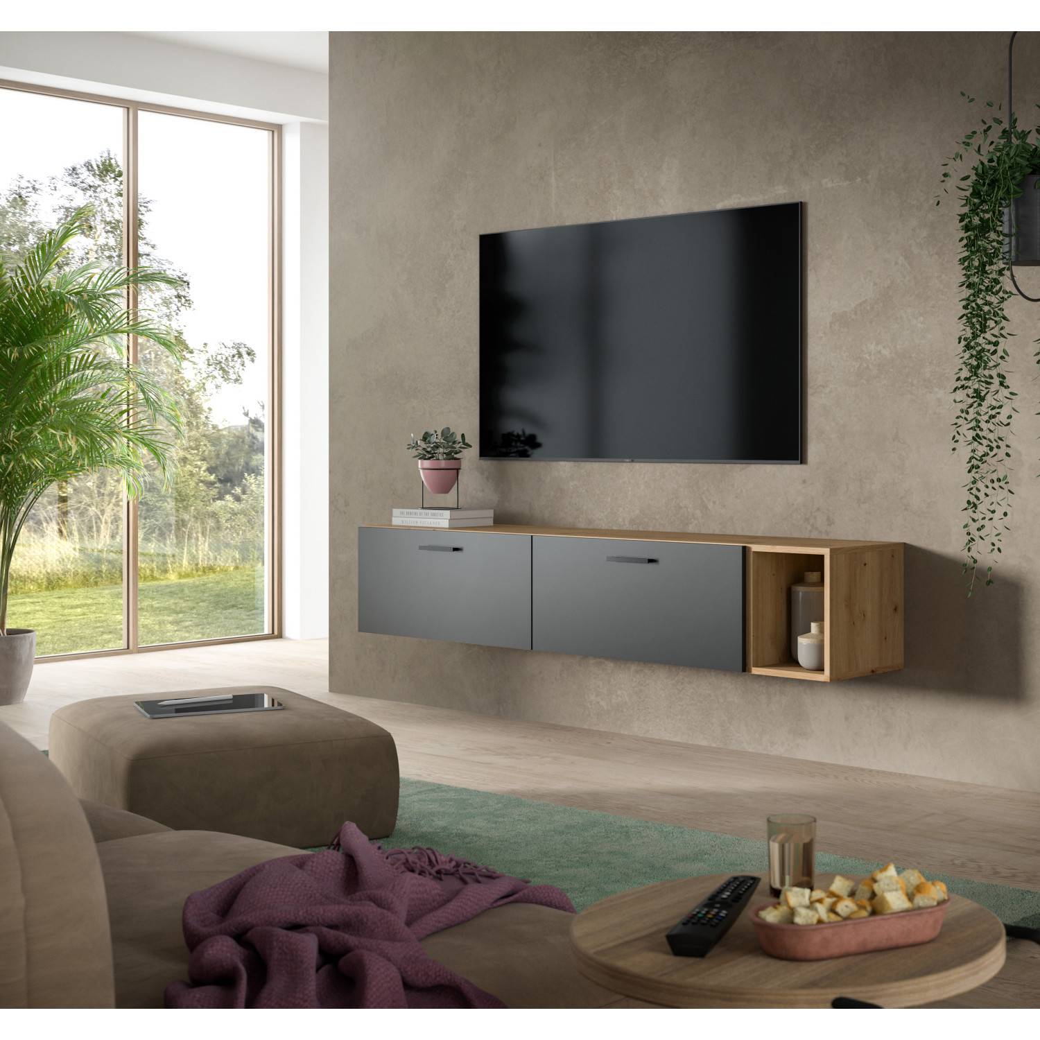 Modernes Wohnzimmer TV-Board Regal Kombination an der Wand montiert Artisan Oak und Anthrazit – Estoron