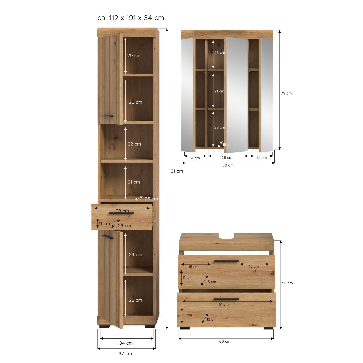 Badezimmerset Maße und Abmessungen für Hochschrank, Spiegelschrank und Waschtischunterschrank – Lasewood