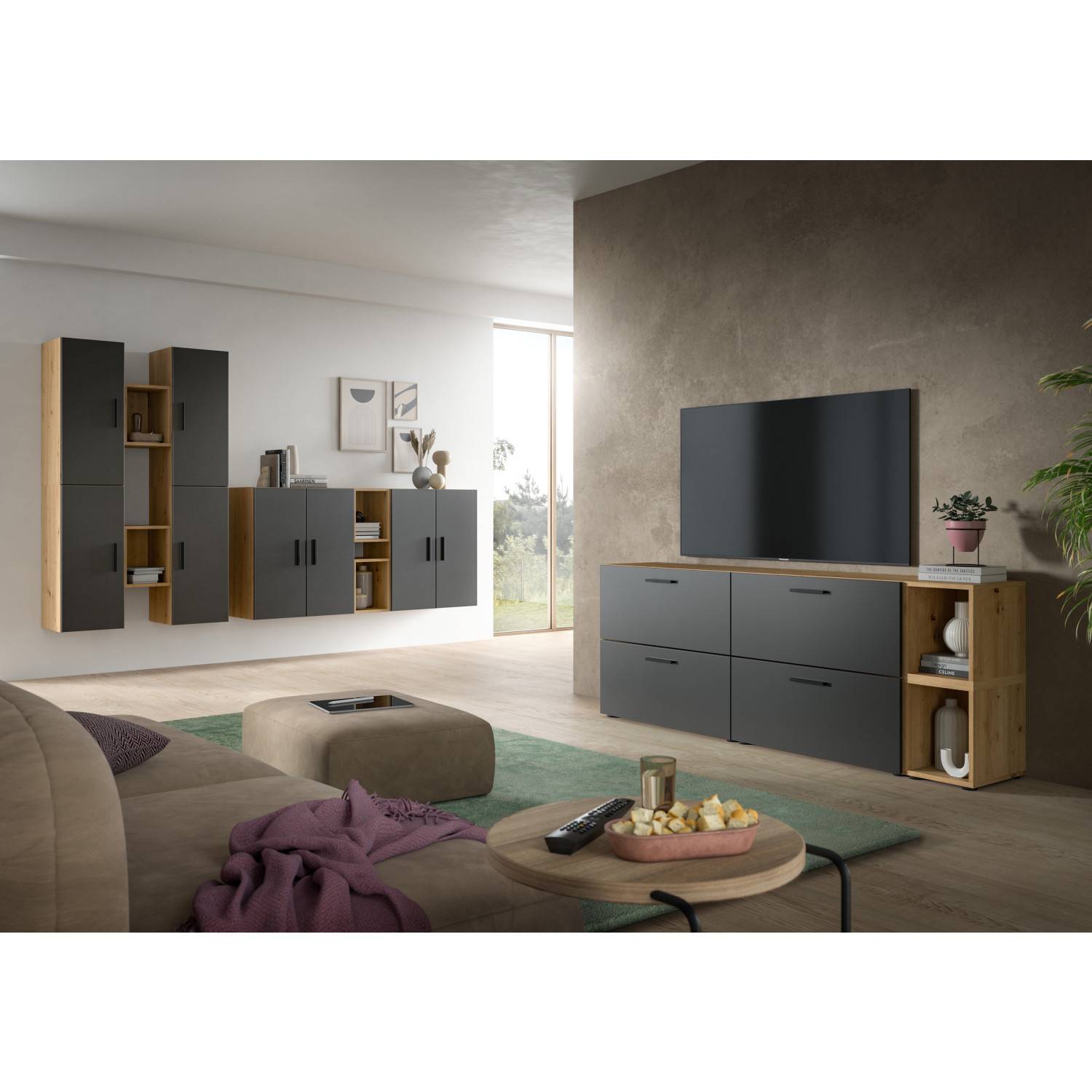 Komplette moderne Wohnwand mit TV-Lowboard in Basalt und Artisan Oak für viel Stauraum – Estoron