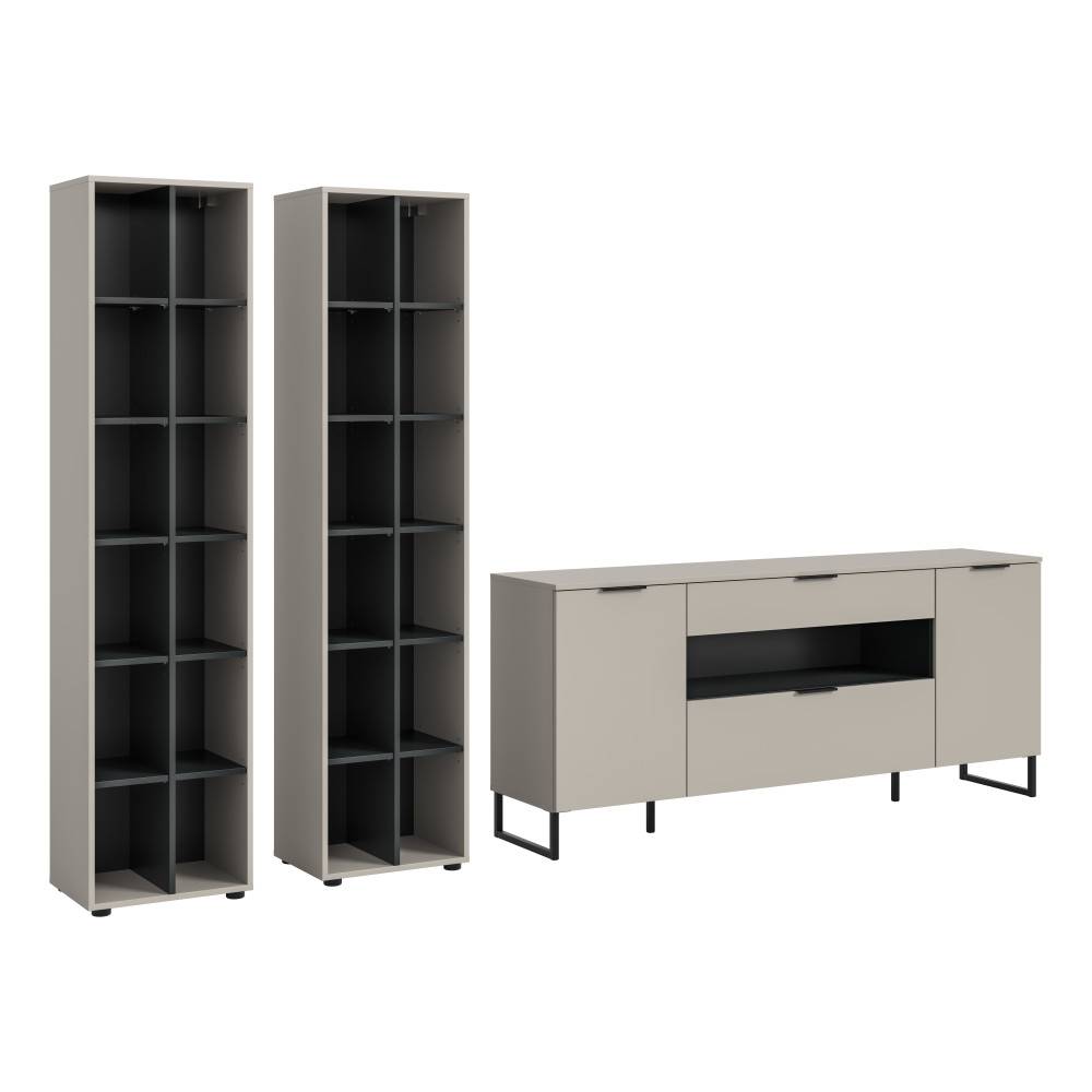 Dreiteilige Wohnzimmermöbel-Kombination mit Regal und TV-Lowboard in Beige-Grau – Ostinia
