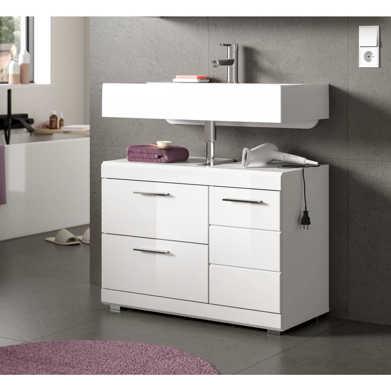 Weiße Badkommode mit Waschbecken, drei Schubladen und Metallgriffen im modernen Design – Nanila
