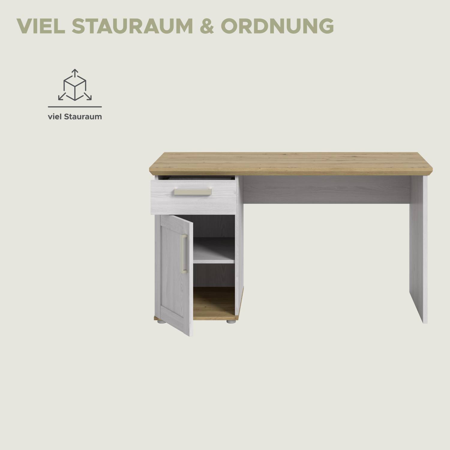 Schreibtisch mit viel Stauraum, Schublade und offenem Fachbodenbereich – Tocella
