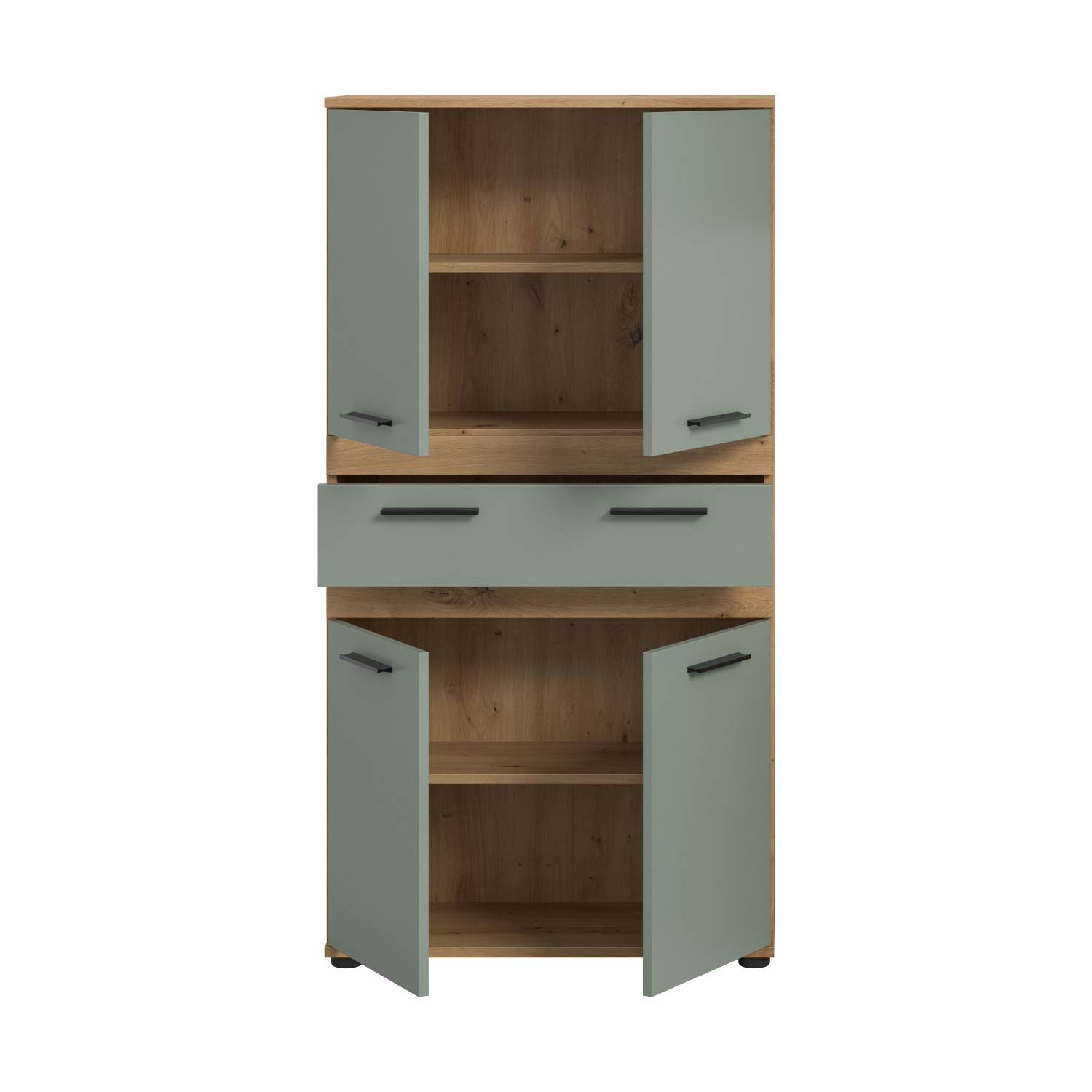 Offener Mehrzweckschrank mit Einlegeböden, Türen und Schublade, Holzdekor und Salbeigrün – Luzanos