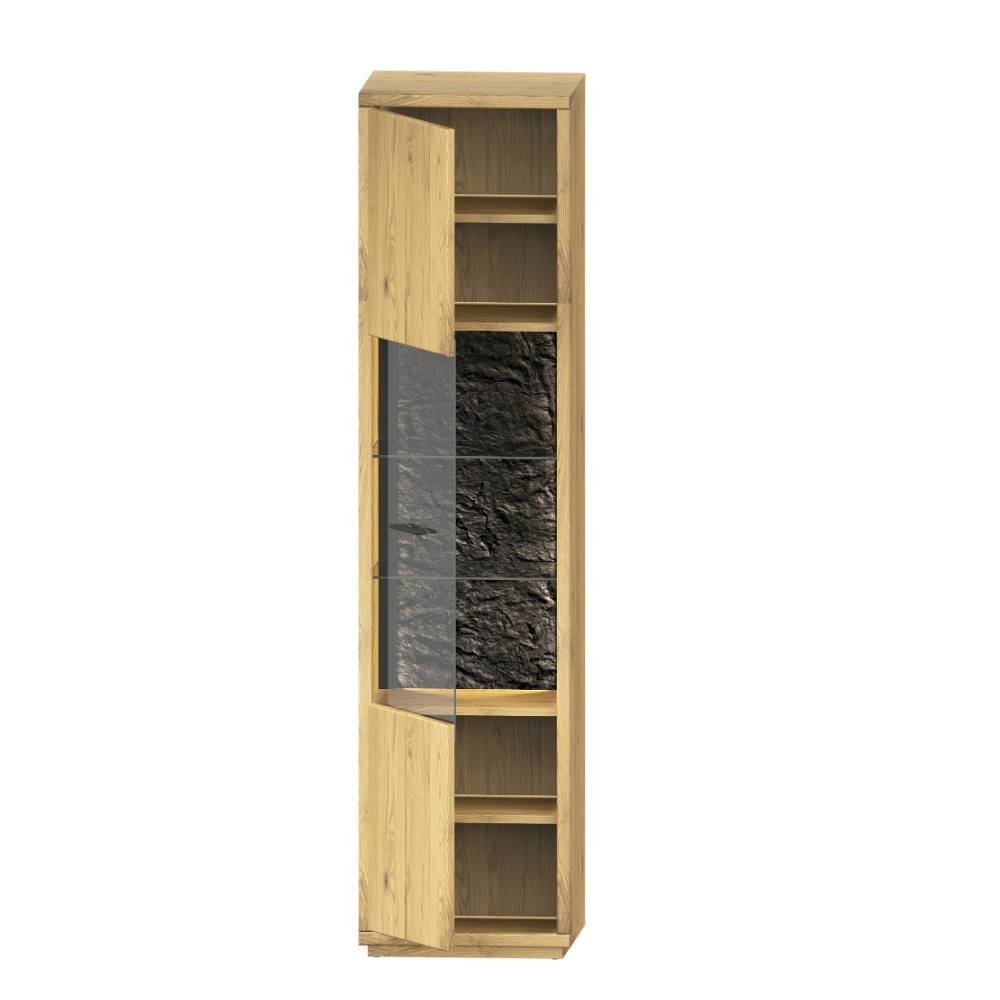 Massivholz-Vitrine mit geöffneten Holz- und Glastüren, die den Innenraum und die Ablagefächer zeigen – Friburgo