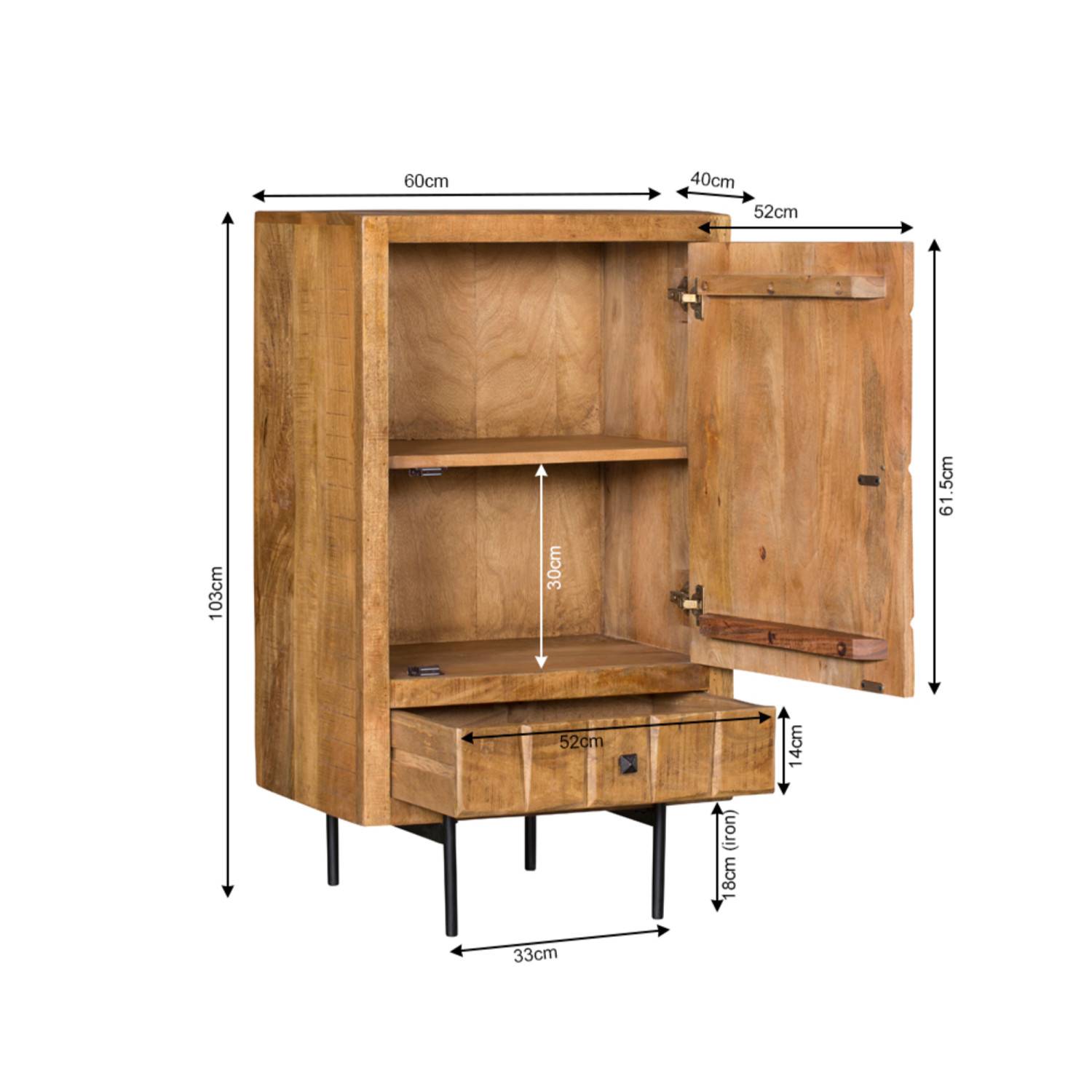 Highboard aus Mangoholz mit Maßen und Abmessungen, offene Tür und Schublade – Laudion