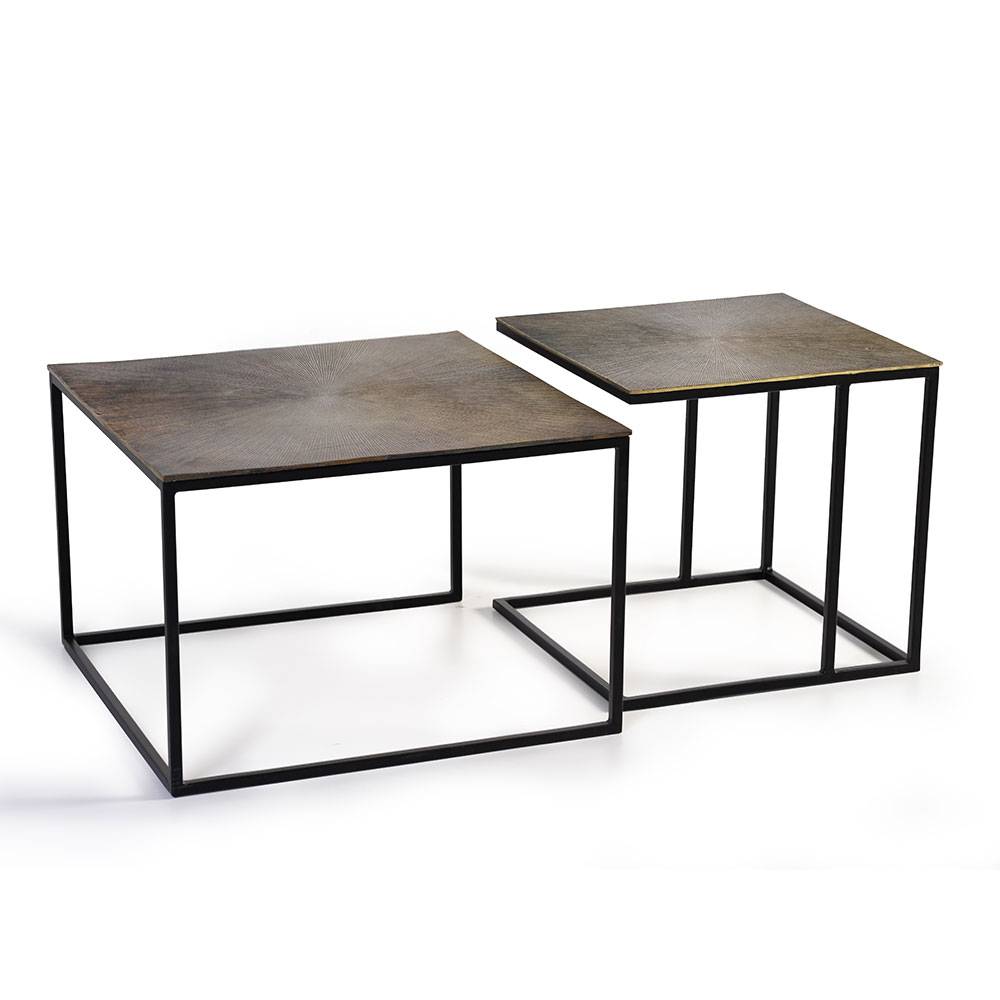 Zwei separate Couchtische in Bronze-Optik mit schwarzem Metallrahmen für das Wohnzimmer – Nineo