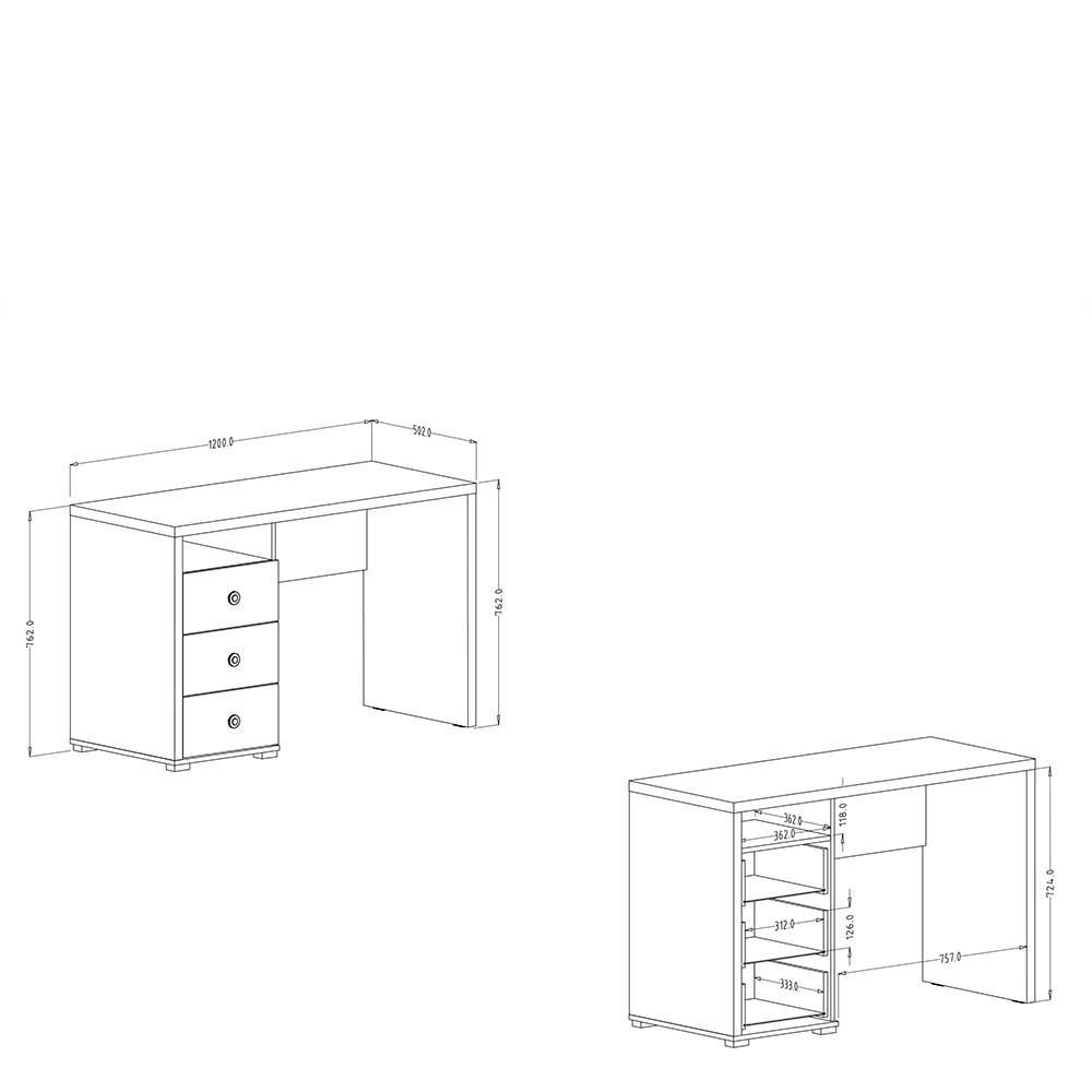 Weißer Schreibtisch mit drei Schubladen & Fach - Geneke