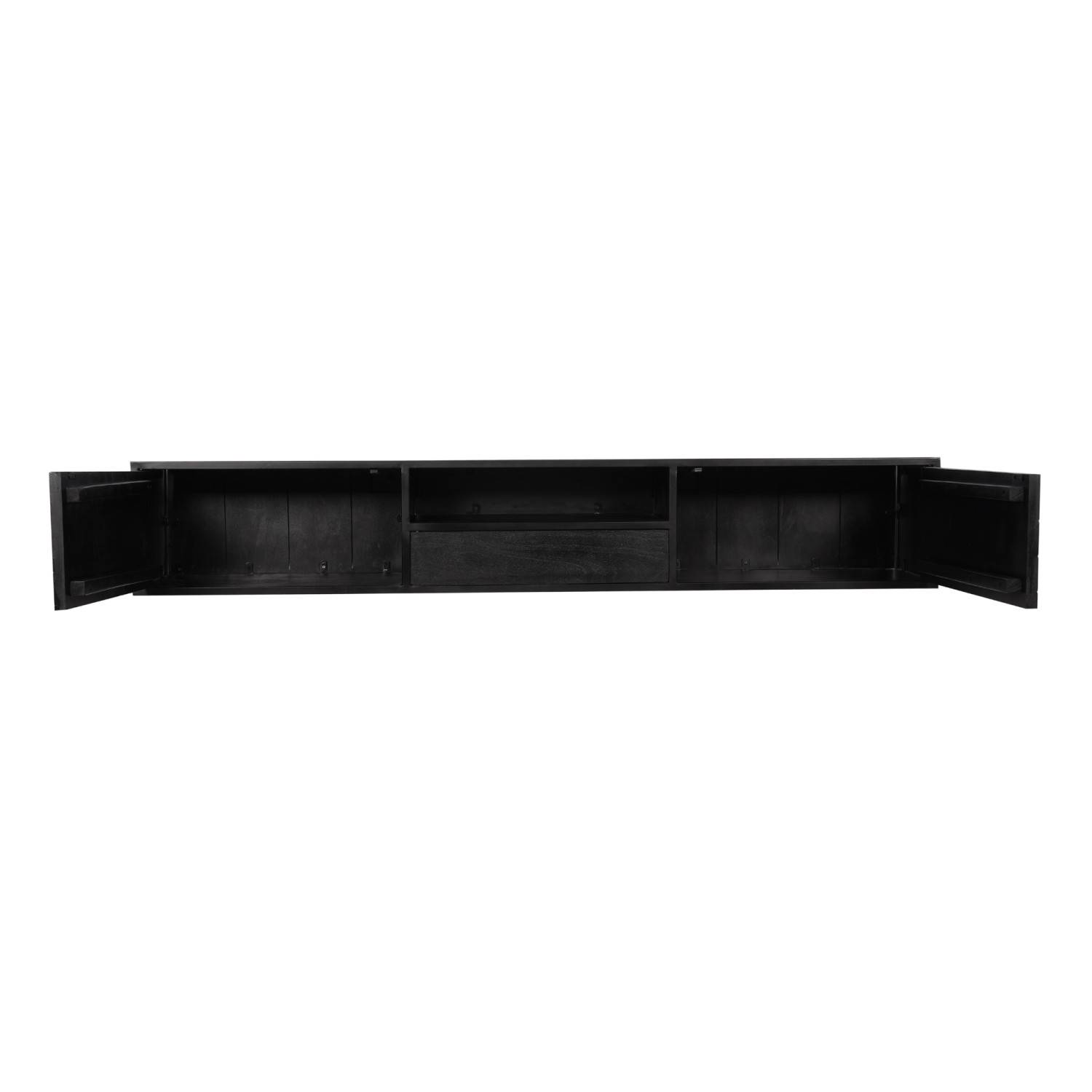 Schwarzes TV-Lowboard mit allen Türen und der mittleren Schublade für Stauraum geöffnet – Lida