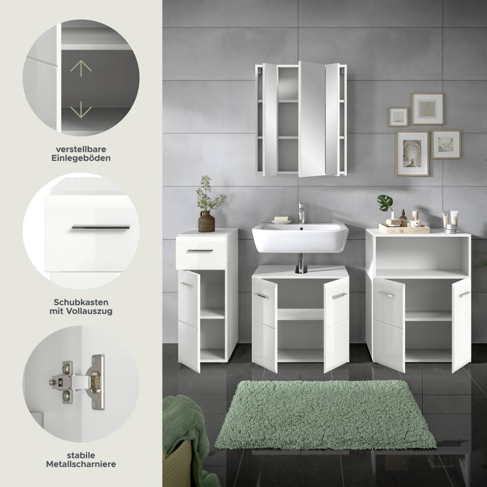 Weißes Badezimmer Set mit Waschtisch, Spiegelschrank und Details zu Schubkästen und Scharnieren – Clona