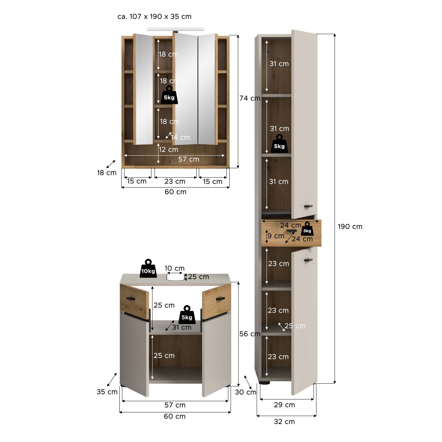 Beiges Badschrank-Set mit detaillierten Maßen und Abmessungen für alle drei Möbelstücke – Majoristo