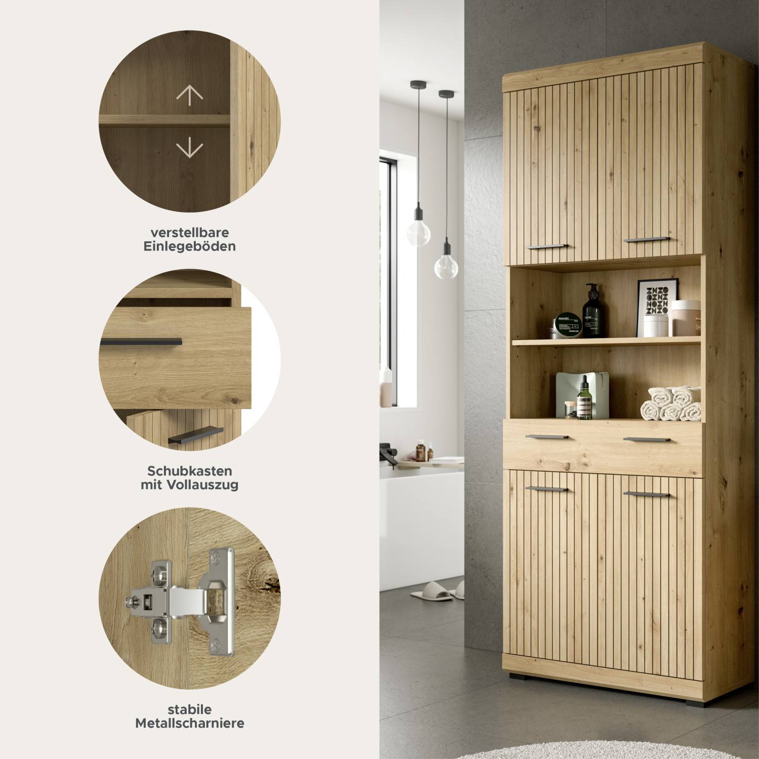 Funktionen der Holzkommode Lasewood: verstellbare Einlegeböden, Schubkasten Vollauszug – Lasewood