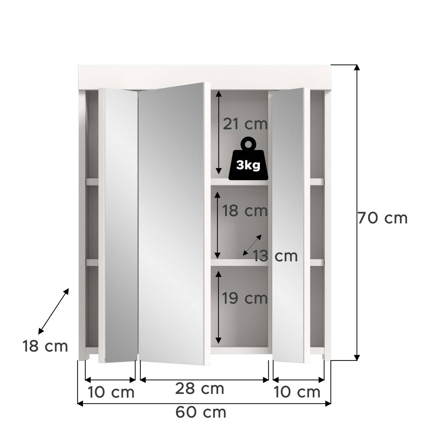 Badspiegelschrank Bruna Maße und Abmessungen der Fächer und Gesamtgröße mit Traglast – Bruna