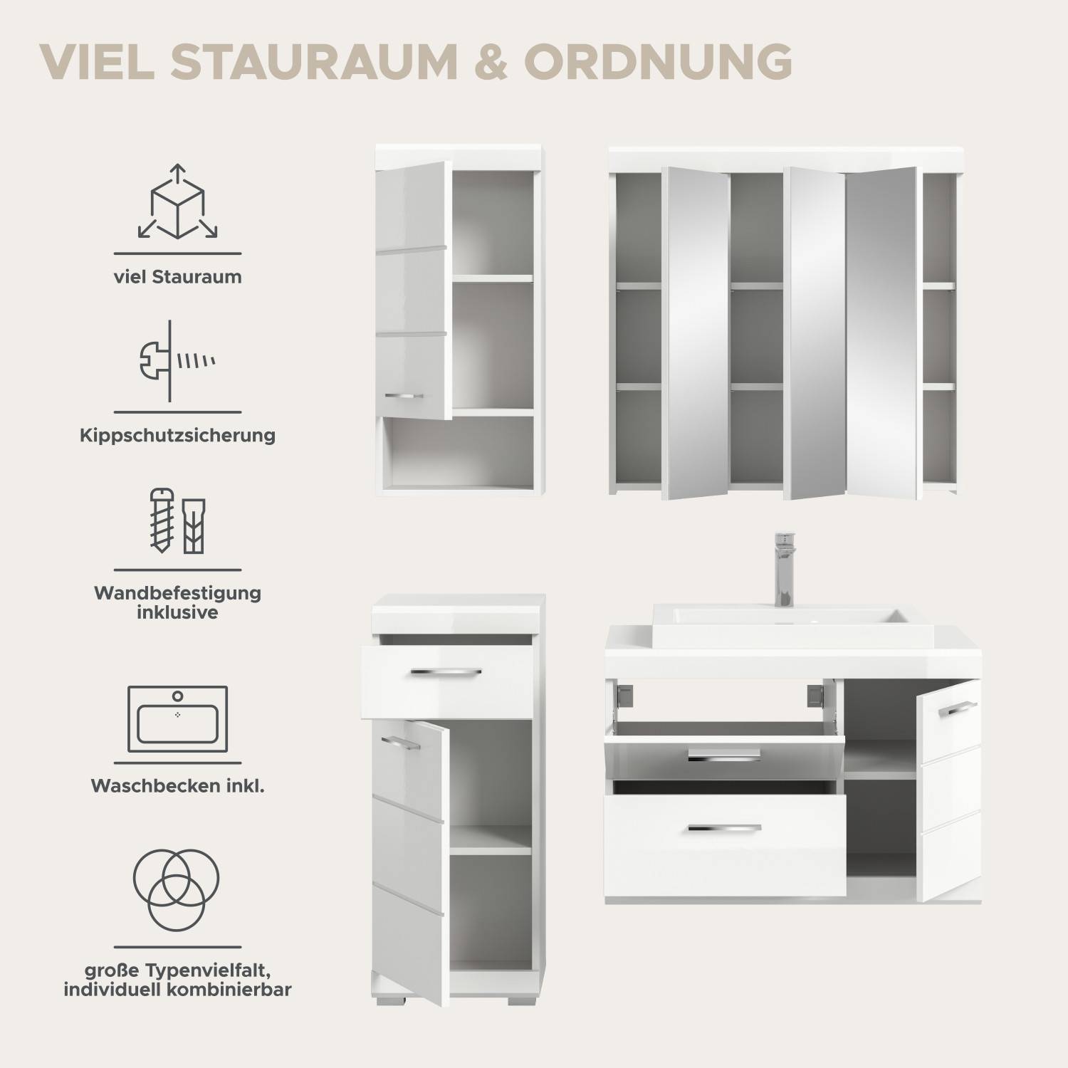 Viel Stauraum, Kippschutz, Wandbefestigung und inklusives Waschbecken im Badschrank – Nanila