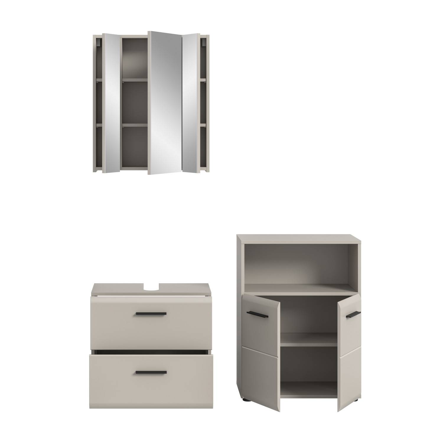 Offene Ansicht des dreiteiligen Waschplatz Sets mit Spiegelschrank, Waschtisch und Beistellschrank – Donostia