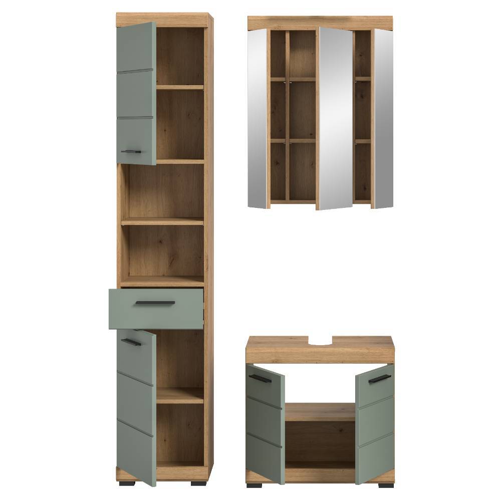 Waschplatz und Hochschrank Set in Salbei - Tamdato (dreiteilig)