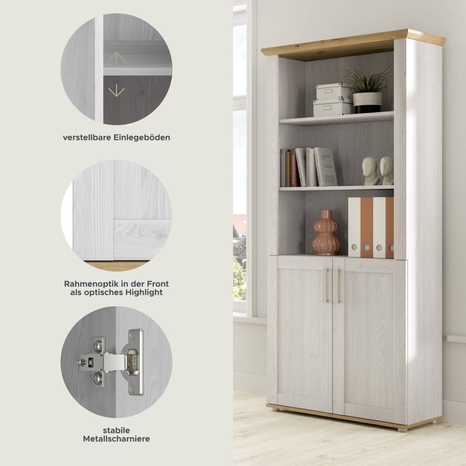 Aktenschrank Details mit verstellbaren Einlegeböden, Rahmenoptik und stabilen Metallscharnieren – Tocella
