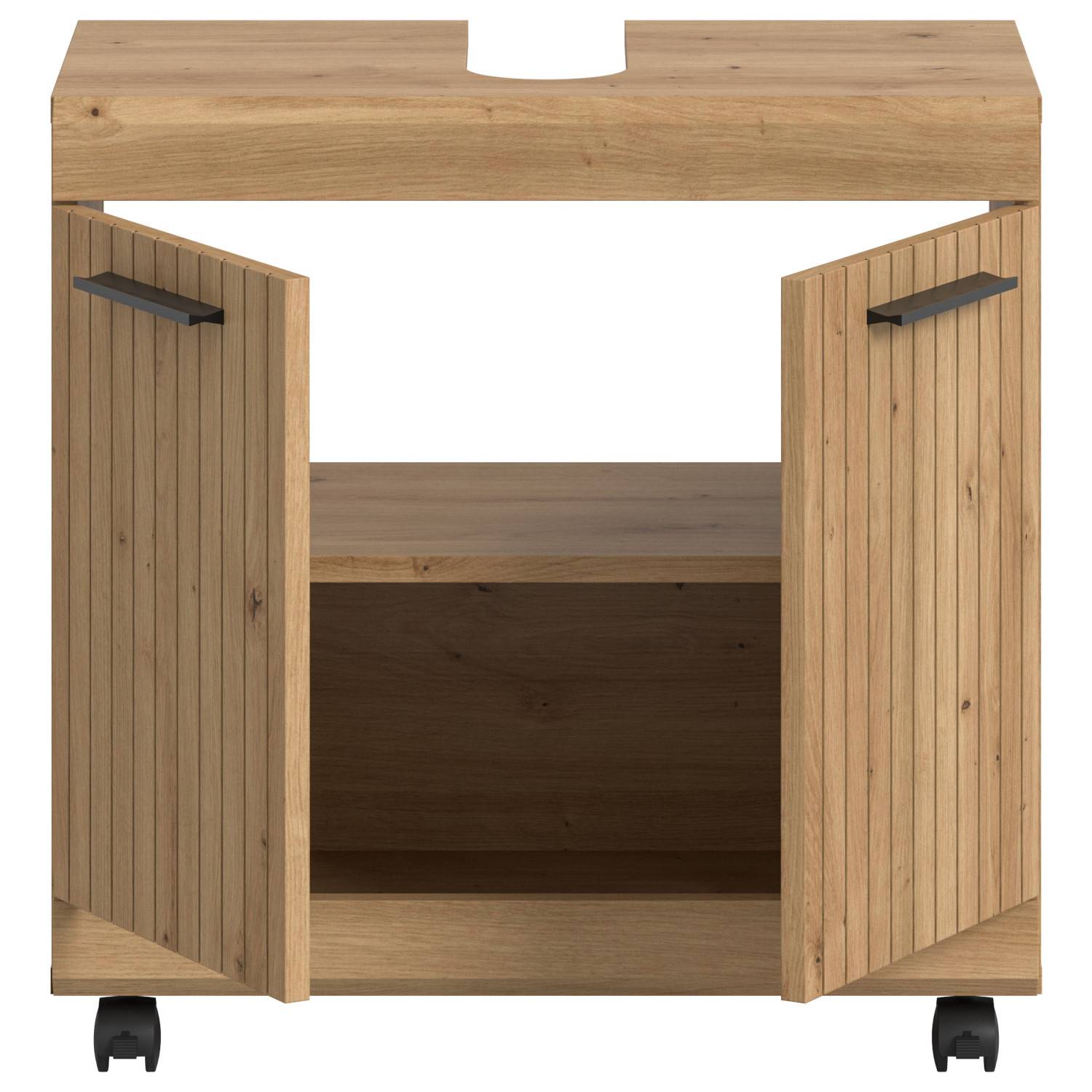 Offener Unterbeckenschrank mit zwei T ren, Innenfach und Aussparung f r Siphon in Holzoptik Lasewood