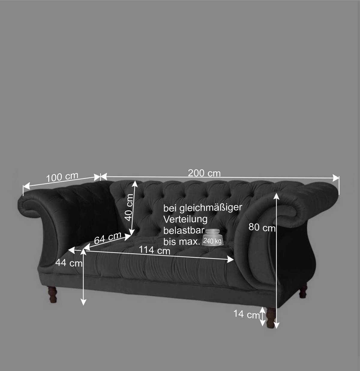 Zweisitzer Barockcouch in Anthrazit Samtvelours - Sicilianu
