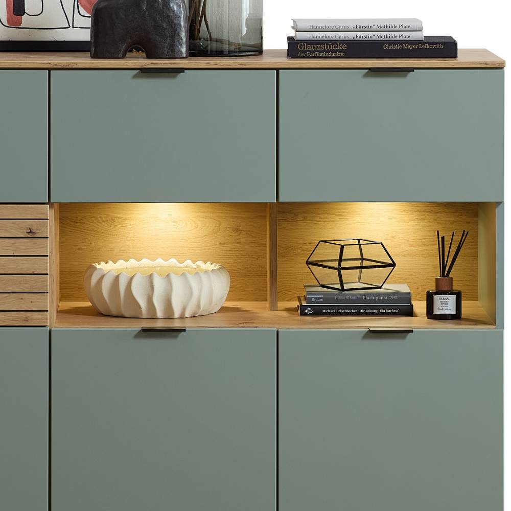 125cm breites Highboard in Graugrün und Wildeiche Natur - Halimi