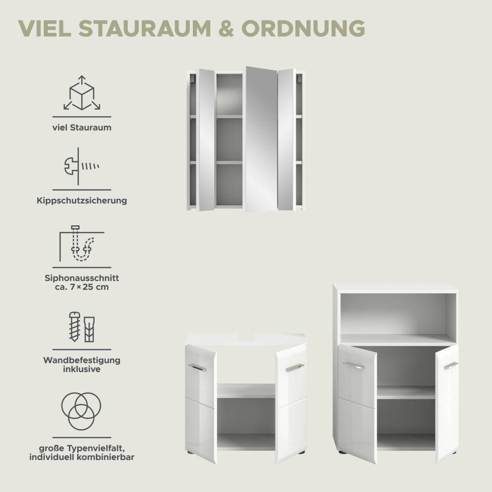 Weißer Badschrank mit Spiegelschrank und Waschtischunterschränken, detaillierte Funktionsübersicht – Clona